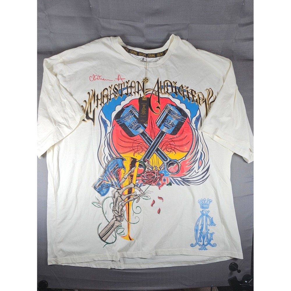 Christian Audigier Mens Egg Shell Rhinestone Piston Graphic T-Shirt 3XL CA100012